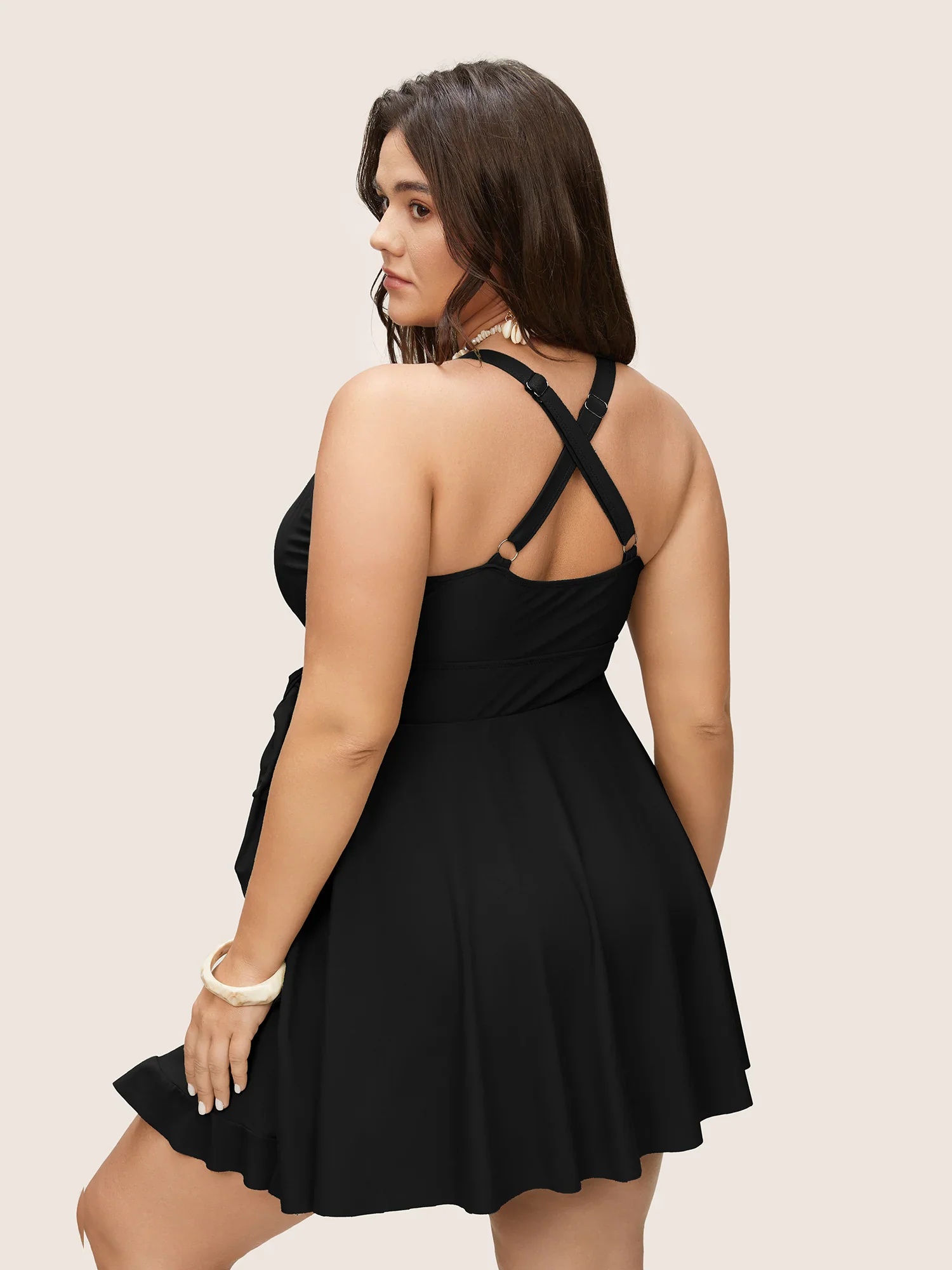 Plus Size One Piece Swimsuit Sleeveless V-Neck Bandage Cover Up Swim Dress